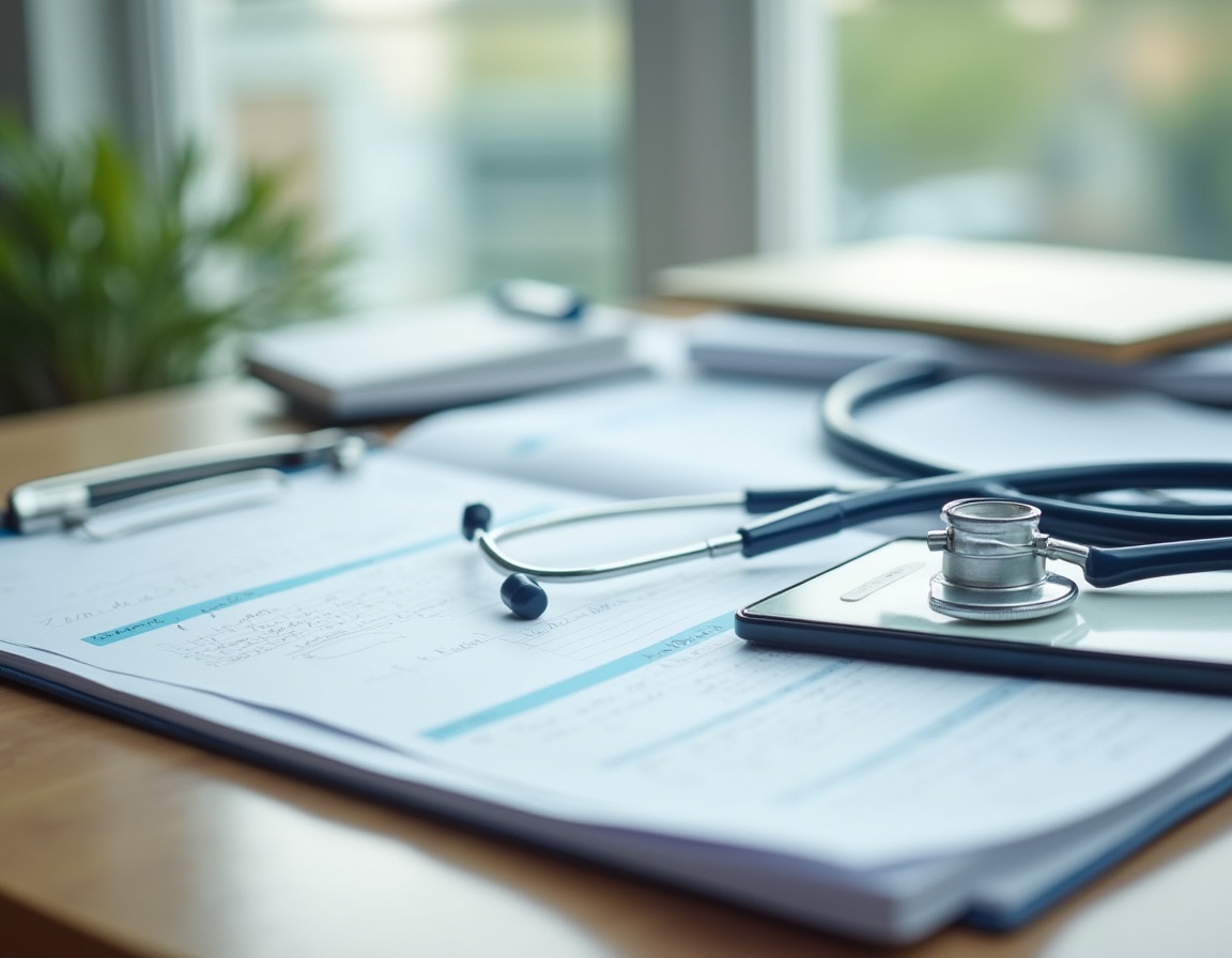 A medical chart and stethoscope on a desk, representing the records behind an EMR audit trail review