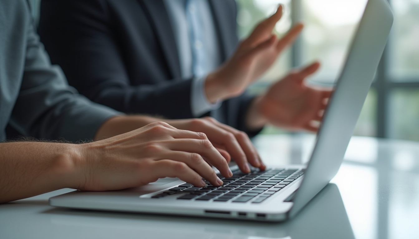Two colleagues review documents together while one types on a laptop, illustrating the discovery process.