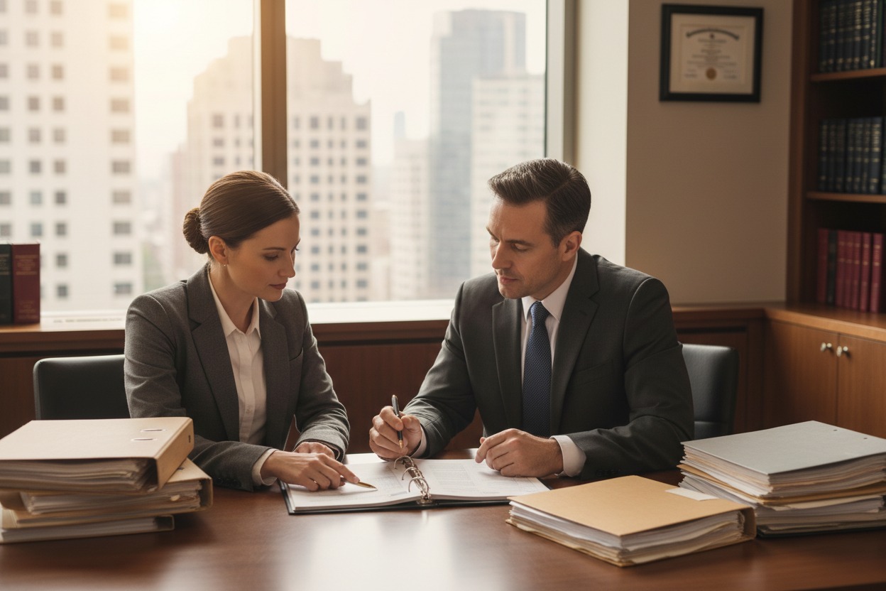 A man and a woman in business attire review documents together at a desk in a high-rise office.